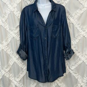 Tinsel Chambray Roll Sleeve Top Large Navy Blue